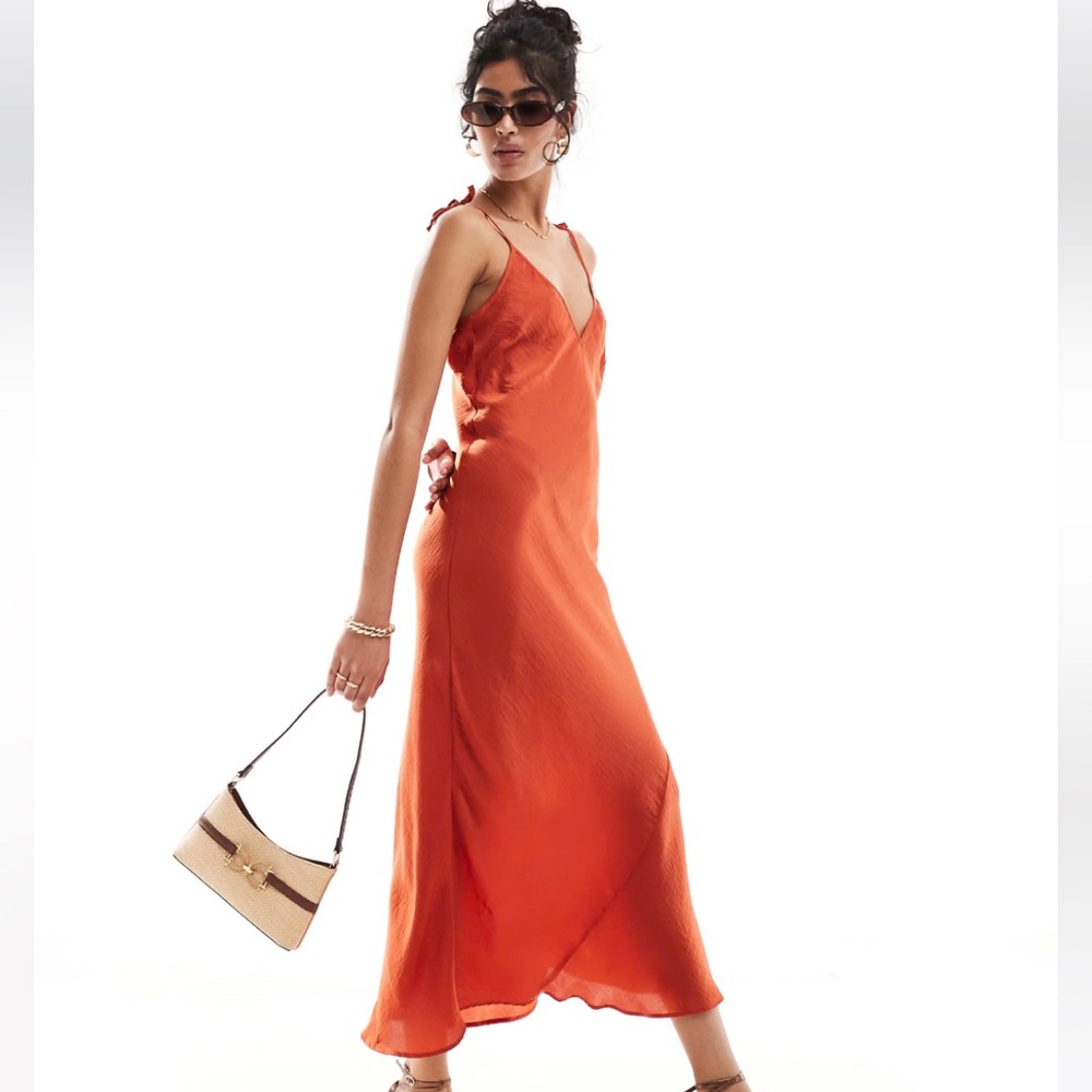 ASOS DESIGN satin v neck midi slip dress in terracotta